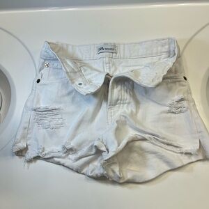 Zara White High Rise Ripped Jean Shorts